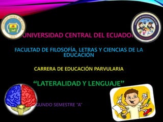 UNIVERSIDAD CENTRAL DEL ECUADOR
FACULTAD DE FILOSOFÍA, LETRAS Y CIENCIAS DE LA
EDUCACIÓN
CARRERA DE EDUCACIÓN PARVULARIA
“LATERALIDAD Y LENGUAJE”
• SEGUNDO SEMESTRE “A”
 