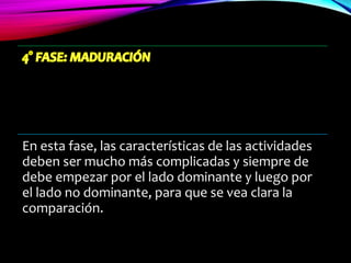 En esta fase, las características de las actividades
deben ser mucho más complicadas y siempre de
debe empezar por el lado dominante y luego por
el lado no dominante, para que se vea clara la
comparación.
 