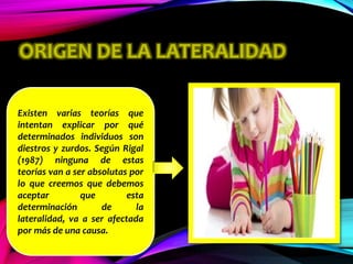 ORIGEN DE LA LATERALIDAD
Existen varias teorías que
intentan explicar por qué
determinados individuos son
diestros y zurdos. Según Rigal
(1987) ninguna de estas
teorías van a ser absolutas por
lo que creemos que debemos
aceptar que esta
determinación de la
lateralidad, va a ser afectada
por más de una causa.
 
