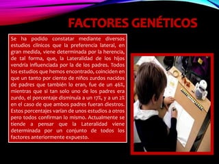 Se ha podido constatar mediante diversos
estudios clínicos que la preferencia lateral, en
gran medida, viene determinada por la herencia,
de tal forma, que, la Lateralidad de los hijos
vendría influenciada por la de los padres. Todos
los estudios que hemos encontrado, coinciden en
que un tanto por ciento de niños zurdos nacidos
de padres que también lo eran, fue de un 46%,
mientras que si tan solo uno de los padres era
zurdo, el porcentaje disminuía a un 17%, y a un 2%
en el caso de que ambos padres fueran diestros.
Estos porcentajes varían de unos estudios a otros
pero todos confirman lo mismo. Actualmente se
tiende a pensar que la Lateralidad viene
determinada por un conjunto de todos los
factores anteriormente expuesto.
 
