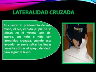 Es cuando el predominio de una
mano, el ojo, el oído ,el pie no se
ubican en el mismo lado del
cuerpo. Un niño o niña con
lateralidad cruzada, cuando esta
leyendo, se suele saltar las líneas
necesita utilizar el apoyo del dedo
para seguir el texto.
 