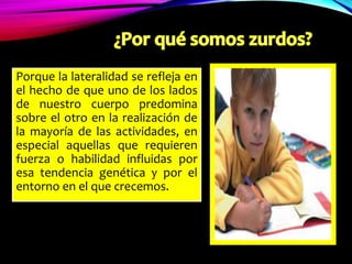 Porque la lateralidad se refleja en
el hecho de que uno de los lados
de nuestro cuerpo predomina
sobre el otro en la realización de
la mayoría de las actividades, en
especial aquellas que requieren
fuerza o habilidad influidas por
esa tendencia genética y por el
entorno en el que crecemos.
 