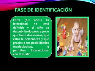 Entre (0-2 años) La
lateralidad no está
definida y el niño va
descubriendo poco a poco
que tiene dos manos, que
estas le pertenecen y que
gracias a sus posibilidades
manipulativas, le
permiten interaccionar
con el medio.
 