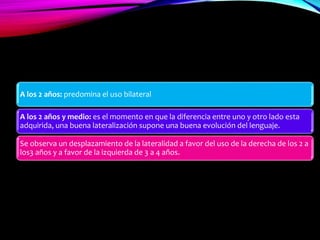 A los 2 años: predomina el uso bilateral
A los 2 años y medio: es el momento en que la diferencia entre uno y otro lado esta
adquirida, una buena lateralización supone una buena evolución del lenguaje.
Se observa un desplazamiento de la lateralidad a favor del uso de la derecha de los 2 a
los3 años y a favor de la izquierda de 3 a 4 años.
 