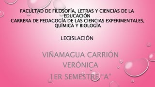 VIÑAMAGUA CARRIÓN
VERÓNICA
1ER SEMESTRE “A”
FACULTAD DE FILOSOFÍA, LETRAS Y CIENCIAS DE LA
EDUCACIÓN
CARRERA DE PEDAGOGÍA DE LAS CIENCIAS EXPERIMENTALES,
QUÍMICA Y BIOLOGÍA
LEGISLACIÓN
 