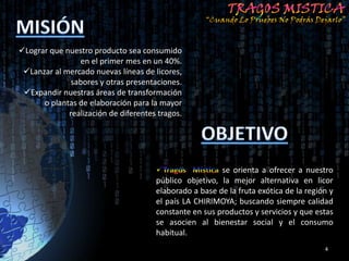 Lograr que nuestro producto sea consumido
                en el primer mes en un 40%.
 Lanzar al mercado nuevas líneas de licores,
              sabores y otras presentaciones.
 Expandir nuestras áreas de transformación
      o plantas de elaboración para la mayor
             realización de diferentes tragos.




                                                        se orienta a ofrecer a nuestro
                                      público objetivo, la mejor alternativa en licor
                                      elaborado a base de la fruta exótica de la región y
                                      el país LA CHIRIMOYA; buscando siempre calidad
                                      constante en sus productos y servicios y que estas
                                      se asocien al bienestar social y el consumo
                                      habitual.
                                                                                      4
 