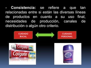 - Consistencia: se refiere a que tan
relacionadas entre si están las diversas líneas
de productos en cuanto a su uso final,
necesidades de producción, canales de
distribución o algún otro criterio.
       CUIDADO                   CUIDADO
        BUCAL                   PERSONAL
 