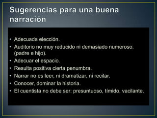 • Adecuada elección.
• Auditorio no muy reducido ni demasiado numeroso.
(padre e hijo).
• Adecuar el espacio.
• Resulta positiva cierta penumbra.
• Narrar no es leer, ni dramatizar, ni recitar.
• Conocer, dominar la historia.
• El cuentista no debe ser: presuntuoso, tímido, vacilante.
 