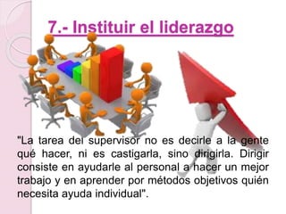 7.- Instituir el liderazgo 
"La tarea del supervisor no es decirle a la gente 
qué hacer, ni es castigarla, sino dirigirla. Dirigir 
consiste en ayudarle al personal a hacer un mejor 
trabajo y en aprender por métodos objetivos quién 
necesita ayuda individual". 
 