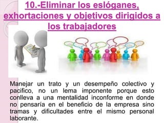 10.-Eliminar los eslóganes, 
exhortaciones y objetivos dirigidos a 
los trabajadores 
Manejar un trato y un desempeño colectivo y 
pacifico, no un lema imponente porque esto 
conlleva a una mentalidad inconforme en donde 
no pensaría en el beneficio de la empresa sino 
tramas y dificultades entre el mismo personal 
laborante. 
 