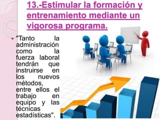 13.-Estimular la formación y 
entrenamiento mediante un 
vigorosa programa. 
 "Tanto la 
administración 
como la 
fuerza laboral 
tendrán que 
instruirse en 
los nuevos 
métodos, 
entre ellos el 
trabajo en 
equipo y las 
técnicas 
estadísticas". 
 