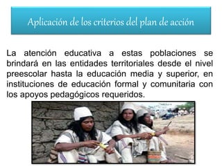 Aplicación de los criterios del plan de acción
La atención educativa a estas poblaciones se
brindará en las entidades territoriales desde el nivel
preescolar hasta la educación media y superior, en
instituciones de educación formal y comunitaria con
los apoyos pedagógicos requeridos.
 