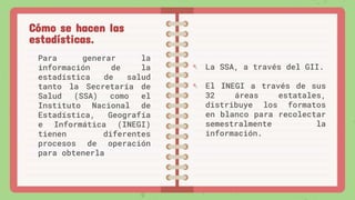 Para generar la
información de la
estadística de salud
tanto la Secretaría de
Salud (SSA) como el
Instituto Nacional de
Estadística, Geografía
e Informática (INEGI)
tienen diferentes
procesos de operación
para obtenerla
Cómo se hacen las
estadísticas.
La SSA, a través del GII.
El INEGI a través de sus
32 áreas estatales,
distribuye los formatos
en blanco para recolectar
semestralmente la
información.
 