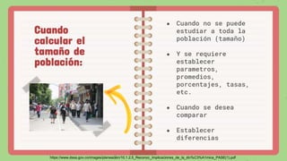 ● Cuando no se puede
estudiar a toda la
población (tamaño)
● Y se requiere
establecer
parametros,
promedios,
porcentajes, tasas,
etc.
● Cuando se desea
comparar
● Establecer
diferencias
Cuando
calcular el
tamaño de
población:
https://www.dssa.gov.co/images/planeacion/10.1.2.5_Reconoc_Implicaciones_de_la_din%C3%A1mica_PASE(1).pdf
 