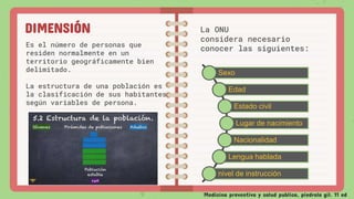 Es el número de personas que
residen normalmente en un
territorio geográficamente bien
delimitado.
La estructura de una población es
la clasificación de sus habitantes
según variables de persona.
DIMENSIÓN La ONU
considera necesario
conocer las siguientes:
Sexo
Edad
Estado civil
Lugar de nacimiento
Nacionalidad
Lengua hablada
nivel de instrucción
Medicina preventiva y salud publica, piedrola gil. 11 ed
 