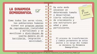 LA DINAMICA
DEMOGRAFICA.
Como todos los seres vivos,
las poblaciones humanas
tienen sus propias pautas
de reproducción (natalidad
y mortalidad) y se
movilizan y distribuyen de
cierta manera en el
territorio, (migración ,
movilidad).
De este modo
alcanzan un
determinado tamaño
y desarrollan
cierta velocidad
de crecimiento y
una estructura por
edad y sexo
particulares.
El proceso de transformación
y cambio permanente de estas
pautas a lo largo del tiempo
se denomina la Dinámica
Demográfica.
https://www.dssa.gov.co/images/planeacion/10.1.2.5_Reconoc_Implicaciones_de_la_din%C3%A1mica_PASE(1).pdf
 