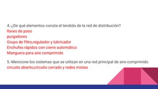 4.-¿De qué elementos consta el tendido de la red de distribución?
llaves de paso
purgadores
Grupo de filtro,regulador y lubricador
Enchufes rápidos con cierre automático
Manguera para aire comprimido
5.-Mencione los sistemas que se utilizan en una red principal de aire comprimido
circuito abierto,circuito cerrado y redes mixtas
 