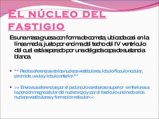 El núcleo del fastigio Es una masa gruesa con forma de cometa, ubicada casi en la línea media, justo por encima del techo del IV ventrículo del cual está separado por una delgada capa de sustancia blanca. ** Recibe aferencias de los nucleos vestibulares, lobulo floculo nodular, piramide, uvula y lobulo anterior.** >> Envia sus eferencias por el pedunculo cerebeloso superior  e inferiores a la porcion magnocelular del nucleo rojo y por el fasciculo uncinado a los nucleos vestibulares y formacion reticular<< 