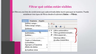 Filtrar qué celdas están visibles
Un filtro es una lista de condiciones que cada entrada debe reunir para que se muestre. Puede
establecer tres tipos de filtros desde el submenú Datos → Filtros.
 