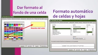 Dar formato al
fondo de una celda Formato automático
de celdas y hojas
 