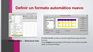 Definir un formato automático nuevo
Seleccione Editar → Seleccionar todo.
El botón Anadir escriba un nombre significativo para el nuevo
formato.
Pulse Aceptar para guardarlo. El formato nuevo ahora se puede
elegir en la lista Formatos
 