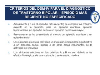 CRITERIOS DEL DSM-IV PARA EL DIAGNOSTICO 
DE TRASTORNO BIPOLAR I, EPISODIO MAS 
RECIENTE NO ESPECIFICADO 
a. Actualmente ( o en el episodio más reciente) se cumplen los criterios, 
excepto en la duración, para un episodio maníaco, episodio 
hipomaníaco, un episodio mixto o un episodio depresivo mayor. 
b. Previamente se ha presentado al menos un episodio maniaco o un 
episodio mixto 
c. Los síntomas afectivos provocan un malestar clínicamente significativo 
o un deterioro social, laboral o de otras áreas importantes de la 
actividad del individuo 
d. Los síntomas afectivos en los criterios A y B no son debido a los 
efectos fisiológicos de una sustancia o enfermedad medica. 
 