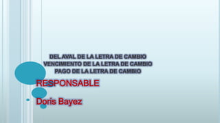 DEL AVAL DE LA LETRA DE CAMBIO
VENCIMIENTO DE LA LETRA DE CAMBIO
PAGO DE LA LETRA DE CAMBIO
RESPONSABLE
Doris Bayez
 