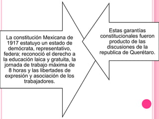 Estas garantías
  La constitución Mexicana de       constitucionales fueron
  1917 estatuyo un estado de            producto de las
   demócrata, representativo,          discusiones de la
federa; reconoció el derecho a      republica de Querétaro.
la educación laica y gratuita, la
 jornada de trabajo máxima de
   8 horas y las libertades de
 expresión y asociación de los
         trabajadores.
 