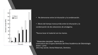 • No demorarse entre la trituración y la condensación.
• Efecto del tiempo transcurrido entre la trituración y la
condensación de dos aleaciones de amalgama.
*Nunca tocar el material con las manos.
“Materiales dentales” dentro de la
Licenciatura de Cirujano Dentista del Área Académica de Odontología
enero – junio
2011 Key words: Dental Materials, Dentistry
 