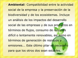 Ambiental : Compatibilidad entre la actividad social de la empresa y la preservación de la biodiversidad y de los ecosistemas. Incluye un análisis de los impactos del desarrollo social de las empresas y de sus productos en términos de flujos, consumo de recursos difícil o lentamente renovables, así como en términos de generación de residuos y emisiones... Este último pilar es necesario para que los otros dos sean estables. 