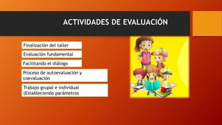 ACTIVIDADES DE EVALUACIÓN
Finalización del taller
Evaluación fundamental
Facilitando el diálogo
Proceso de autoevaluación y
coevaluación
Trabajo grupal e individual
(Estableciendo parámetros
 