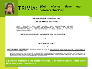 TRIVIA:               ¿Qué    efectos
                                 desconcentración?
                                                   tiene             esa




A partir del momento de la desconcentración, la Secretaría
A partir del momento de la desconcentración, la Secretaría General tendrá nuevas
facultades, tendrádel literal a)
General como la nuevas facultades, como la del literal a)
 