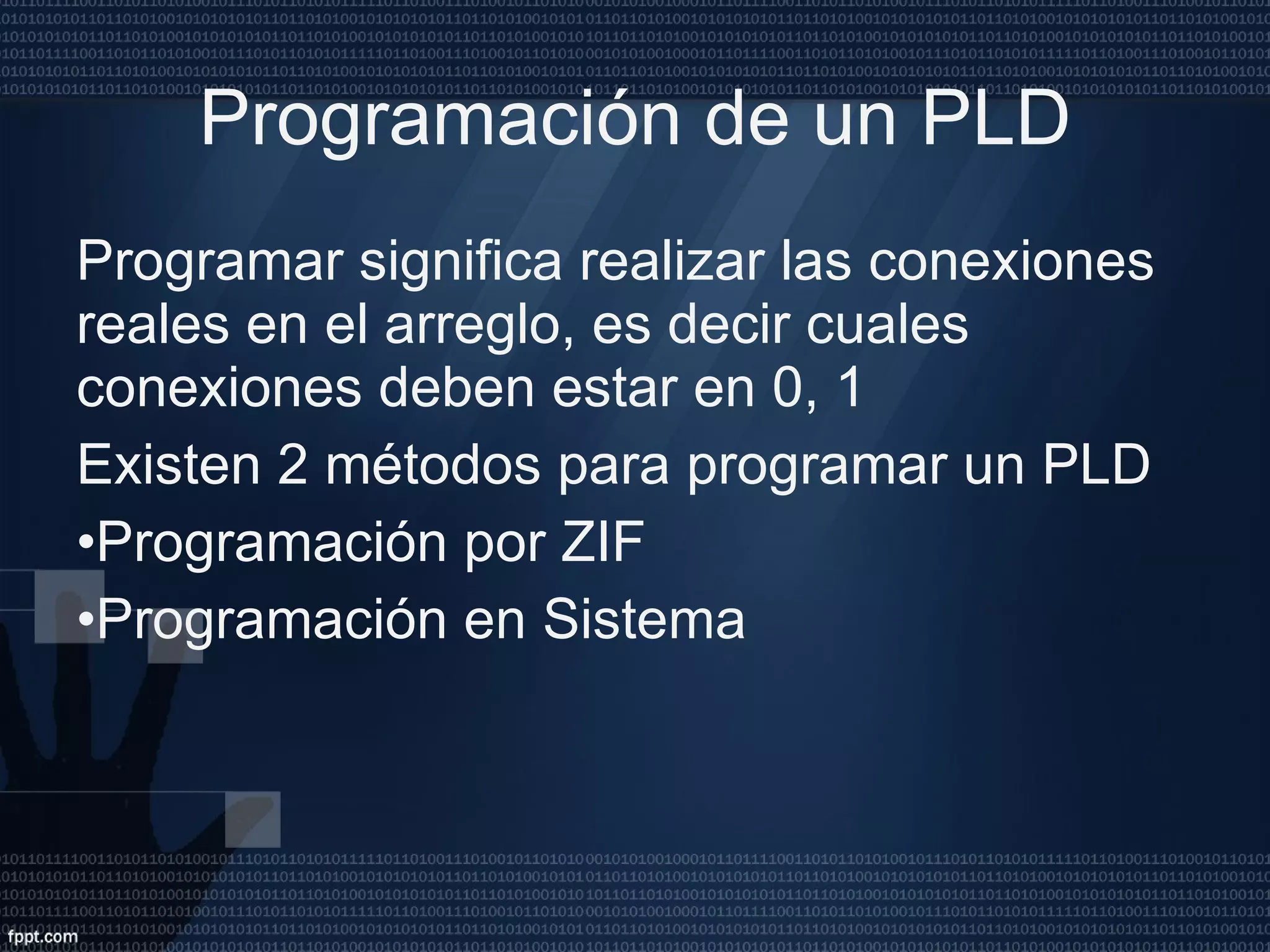 Programación de un PLD Programar significa realizar las conexiones reales en el arreglo, es decir cuales conexiones deben estar en 0, 1  Existen 2 métodos para programar un PLD Programación por ZIF Programación en Sistema 