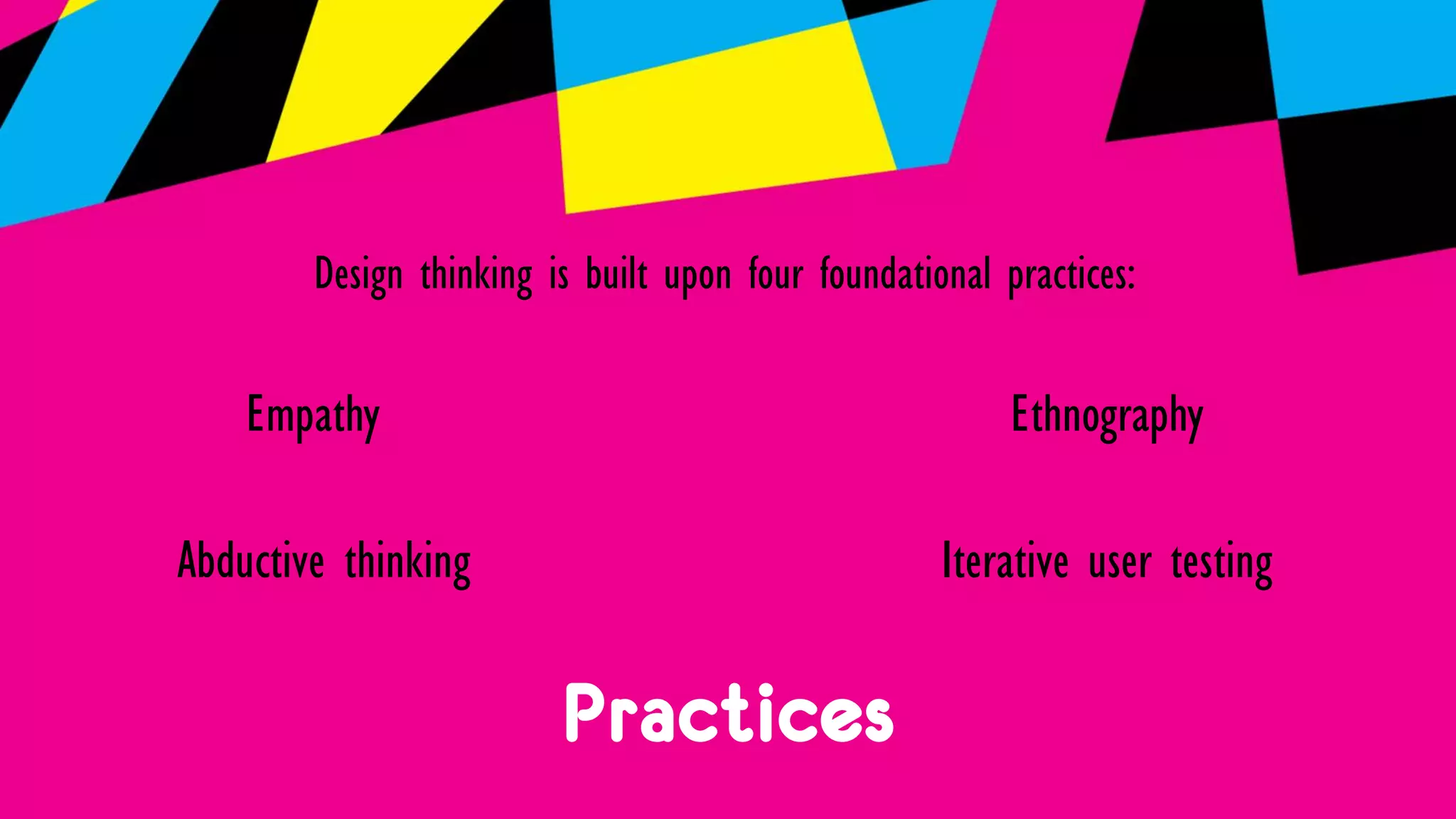 Practices
Design thinking is built upon four foundational practices:
Empathy Ethnography
Abductive thinking Iterative user testing
 