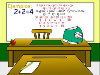 1) 25x + 12x - 31x - 8x +5x = 3x
25 + 12 - 31 - 8 +5 = 3
2) 43mx³ + 7mx³ - 17mx³ - 13mx³ = 20mx³
43 + 7 - 17 - 13 = 20
3) 4x + 2x - 5x + 7x + x = 79x
3 5 2 4 3
60
4 + 2 - 5 + 7 + 1 = 79
3 5 2 4 3 60

 