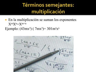 En la multiplicación se suman los exponentes
XmXn=Xm+n
Ejemplo: (43mx³) ( 7mx³)= 301m2x6


 