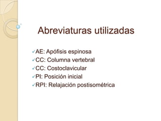 Abreviaturas utilizadas
AE: Apófisis espinosa
CC: Columna vertebral
CC: Costoclavicular
PI: Posición inicial
RPI: Relajación postisométrica
 