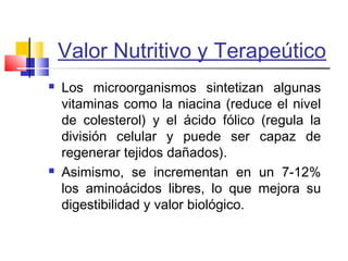 Valor Nutritivo y Terapeútico
 Los microorganismos sintetizan algunas
vitaminas como la niacina (reduce el nivel
de colesterol) y el ácido fólico (regula la
división celular y puede ser capaz de
regenerar tejidos dañados).
 Asimismo, se incrementan en un 7-12%
los aminoácidos libres, lo que mejora su
digestibilidad y valor biológico.
 