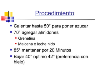 Procedimiento
 Calentar hasta 50° para poner azucar
 70° agregar almidones
 Grenetina
 Maicena o leche nido
 85° mantener por 20 Minutos
 Bajar 40° optimo 42° (preferencia con
hielo)
 