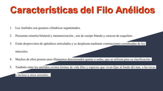1. Los Anélidos son gusanos cilíndricos segmentados.
2. Presentan simetría bilateral y metamerizaciòn , son de cuerpo blando y carecen de esqueleto.
3. Están desprovistos de apéndices articulados y se desplazan mediante contracciones coordinadas de los
músculos.
4. Muchos de ellos poseen unos filamentos denominados quetas o sedas, que se utilizan para su clasificación.
5. También entre los anélidos existen formas de vida libre y especies que viven fijas al fondo del mar, a las rocas
o incluso a otros animales..
 