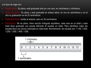Los tipos de regla son:
• Regla común: Es plana, está graduada sólo por una cara, en centímetros y milímetros.
• Doble decímetro: Es plana y está graduada en ambos lados: en uno en centímetros y en el
otro su graduación es de 20 centímetros.
• Triple decímetro: similar al anterior, pero en 30 centímetros.
• Escalímetro: No es plano, tiene sección triangular equilátera, cada cara es un bisel y cada
bisel tiene graduada una escala diferente (6 escalas en total). Para identificar mejor las
escalas lleva una ranura coloreada en cada bisel. Normalmente, las escalas son: 1:100; 1:200;
1:250; 1:300; 1:400; 1:500.
 