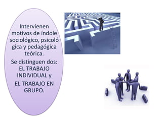 Intervienen
 motivos de índole
sociológico, psicoló
 gica y pedagógica
       teórica.
 Se distinguen dos:
    EL TRABAJO
   INDIVIDUAL y
  EL TRABAJO EN
      GRUPO.
 