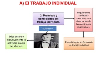 A) El TRABAJO INDIVIDUAL

                                                      Requiere una
                       2. Premisas y                    cuidadosa
                     condiciones del                 atención y una
                    trabajo individual.              observación de
                                                     las condiciones
                                                      impensables.
                        DORPFELD


  Exige entera y
exclusivamente la
 actividad propia                         Para distinguir las formas de
   del alumno.                               un trabajo individual
 