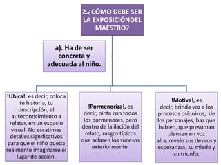 2.¿CÓMO DEBE SER
                            LA EXPOSICIÓNDEL
                                MAESTRO?

                   a). Ha de ser
                    concreta y
                 adecuada al niño.



!Ubica!, es decir, coloca
       tu historia, tu                                        !Motiva!, es
                               !Pormenoriza!, es        decir, brinda voz a los
       descripción, el
                             decir, pinta con todos    procesos psíquicos, de
   autoconocimiento a
                             los pormenores, pero      los personajes, haz que
  relatar, en un espacio
                            dentro de la ilación del    hablen, que presuman
   visual. No escatimes
                              relato, rasgos típicos        piensen en voz
  detalles significativos
                            que aclaren los sucesos    alta, revele sus deseos y
 para que el niño pueda
                                 exteriormente.        esperanzas, su miedo y
realmente imaginarse el
      lugar de acción.                                         su triunfo.
 