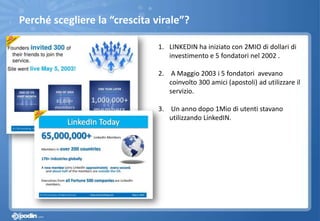 Perché scegliere la “crescita virale”?
1. LINKEDIN ha iniziato con 2MIO di dollari di
investimento e 5 fondatori nel 2002 .
2. A Maggio 2003 i 5 fondatori avevano
coinvolto 300 amici (apostoli) ad utilizzare il
servizio.
3. Un anno dopo 1Mio di utenti stavano
utilizzando LinkedIN.
 