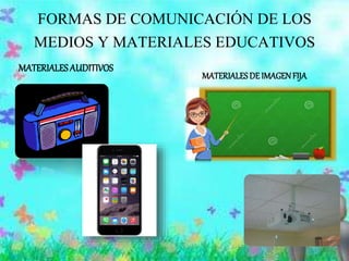 FORMAS DE COMUNICACIÓN DE LOS
MEDIOS Y MATERIALES EDUCATIVOS
MATERIALESAUDITIVOS
MATERIALESDE IMAGENFIJA
 