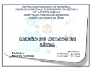 PARTICIPANTES:
Facilitadora:                              Prof.. Esteva Alba    C.I: 17671415
                                           Lic. Méndez María    C.I: 16906708
Marianela Hernández                        Lic. Puga Jioysse    C.I: 15759169


                      Caracas, Mayo 2012
 