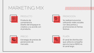 MARKETING MIX
PRODUCTO
Producto de
conveniencia.
Diseño del empaque es
creativo y va acorde con
el producto.
PROMOCION
Se realizará anuncios
utilizando redes sociales
con descuentos y
promociones en fechas
festivas
PRECIO
Estrategia de precios de
penetración de
mercado.
PLAZA
El canal de distribución
que utiliza la compañía
para la marca NEKO es
el canal largo.
 