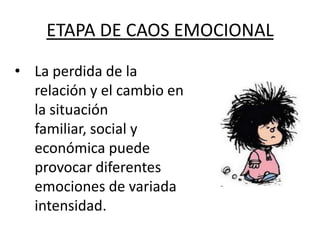 ETAPA DE CAOS EMOCIONAL

• La perdida de la
  relación y el cambio en
  la situación
  familiar, social y
  económica puede
  provocar diferentes
  emociones de variada
  intensidad.
 