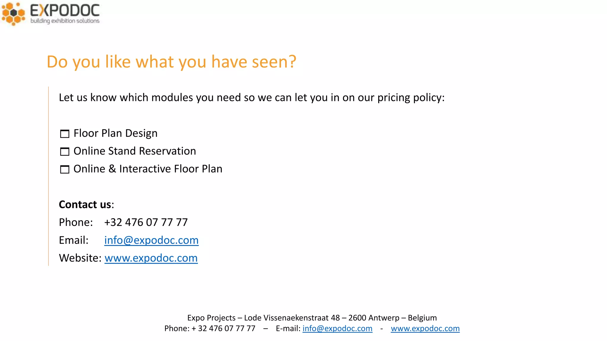 Online floor plan for stand reservation
 
